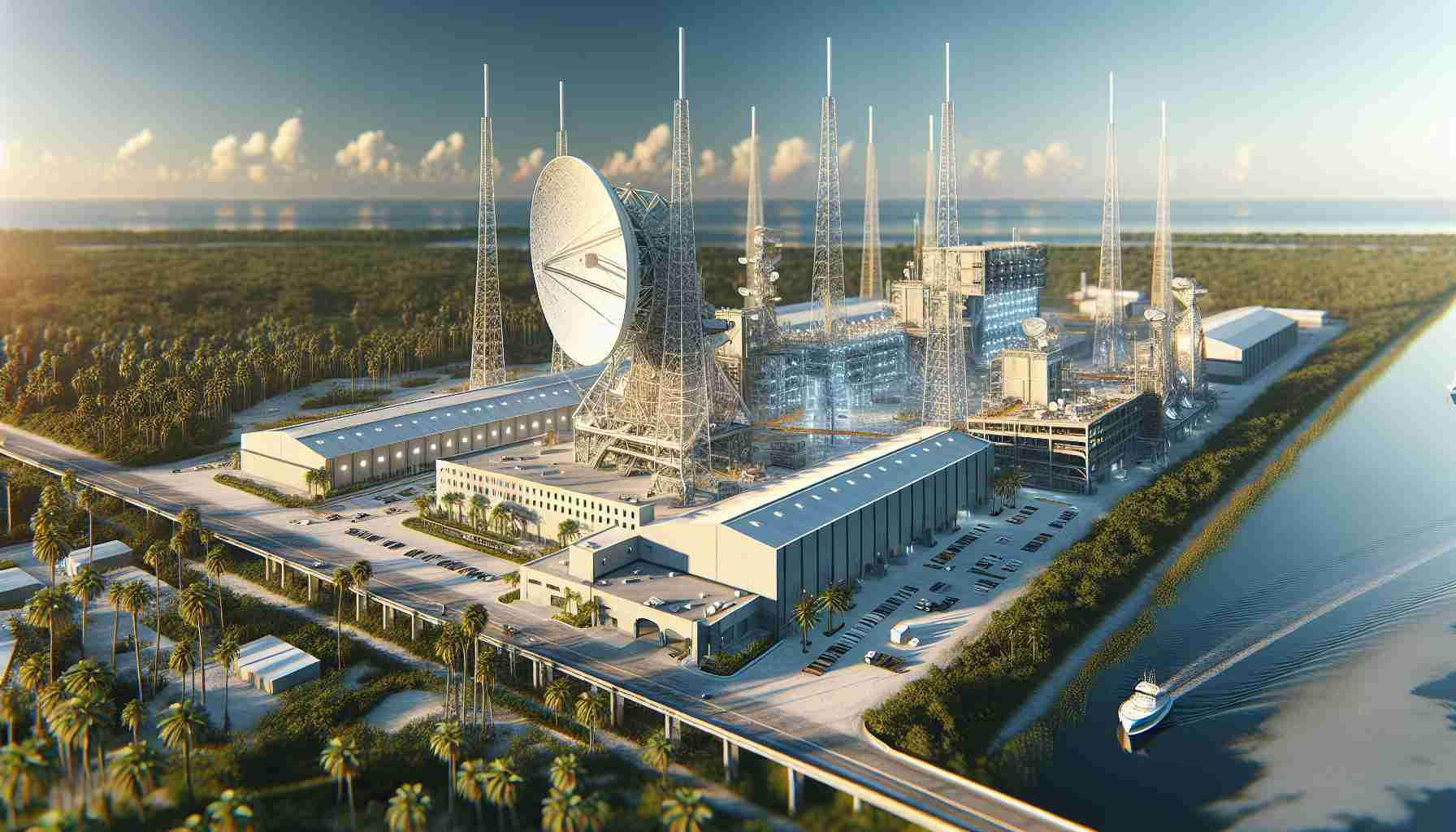 A high-definition, realistic image depicting an expansion project designed to enhance satellite production. The scene is set in Florida, showcasing either the exterior or the interior of the facility that's expanding. Emphasize the technological advancements and burgeoning constructions indicative of progress and growth. Add elements hinting at the surroundings of the Sunshine State, such as palm trees or clear skies.