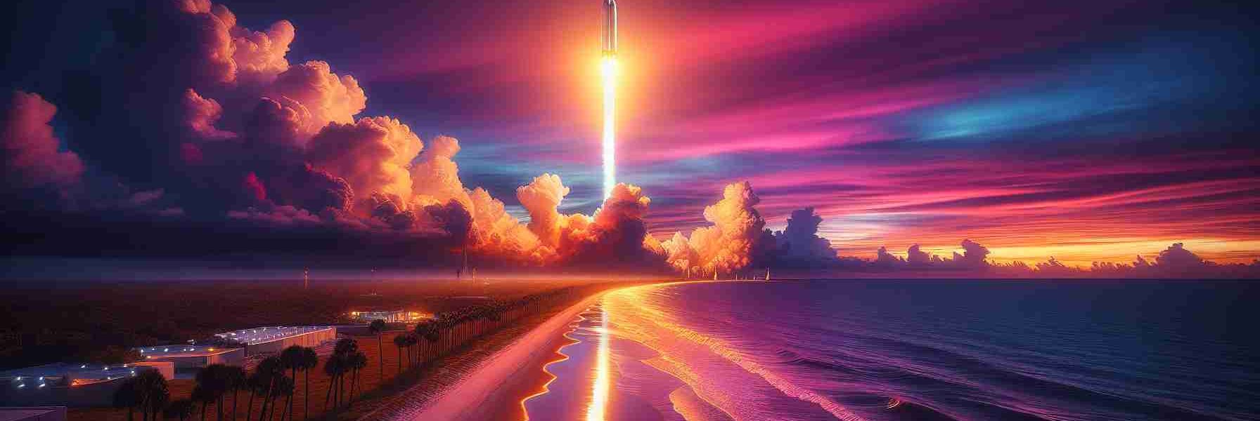 Generate a high-definition, realistic image of a powerful rocket launch. The scene takes place at dusk on the Florida coast. The landscape features long stretches of sandy beaches and the sweeping Atlantic Ocean. The sky above is a ballet of colors, with the setting sun painting a beautiful tapestry of reds, purples, oranges, and blues. The rocket's fiery trail pierces the sky, shredding the incoming darkness. Its launch illuminates the entire coastline, with its bright engine flames reflected on the ocean waves. Palm trees silhouette the foreground, slightly shaken by the roar of the takeoff.