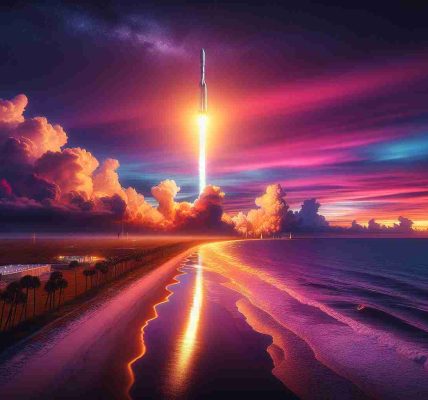 Generate a high-definition, realistic image of a powerful rocket launch. The scene takes place at dusk on the Florida coast. The landscape features long stretches of sandy beaches and the sweeping Atlantic Ocean. The sky above is a ballet of colors, with the setting sun painting a beautiful tapestry of reds, purples, oranges, and blues. The rocket's fiery trail pierces the sky, shredding the incoming darkness. Its launch illuminates the entire coastline, with its bright engine flames reflected on the ocean waves. Palm trees silhouette the foreground, slightly shaken by the roar of the takeoff.