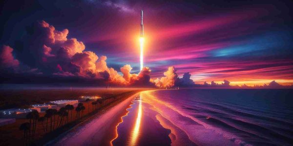 Generate a high-definition, realistic image of a powerful rocket launch. The scene takes place at dusk on the Florida coast. The landscape features long stretches of sandy beaches and the sweeping Atlantic Ocean. The sky above is a ballet of colors, with the setting sun painting a beautiful tapestry of reds, purples, oranges, and blues. The rocket's fiery trail pierces the sky, shredding the incoming darkness. Its launch illuminates the entire coastline, with its bright engine flames reflected on the ocean waves. Palm trees silhouette the foreground, slightly shaken by the roar of the takeoff.