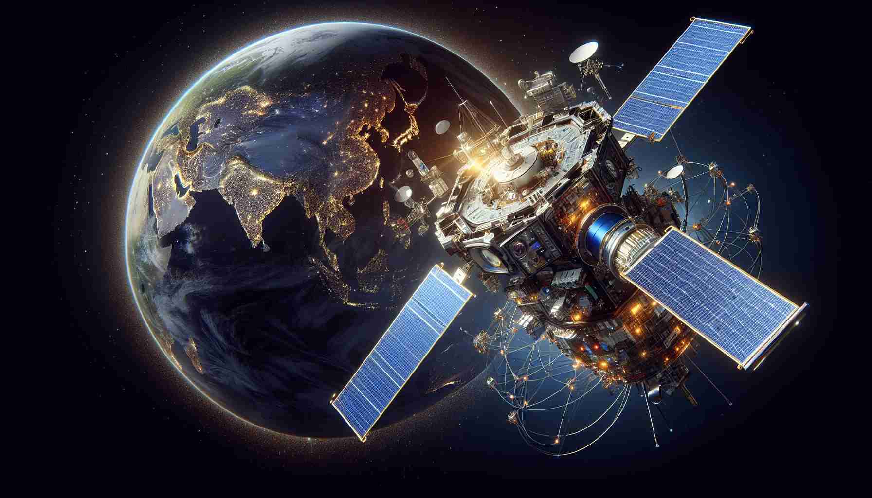 Detailed and high-definition image of futuristic satellite innovations, inspired by advanced technology companies. The scene captures a cutting-edge satellite in orbit around Earth, with various instruments and advanced machinery depicted. It could be transmitting streams of data representing global internet connectivity. The Earth appears in the background with vividly depicted continents and oceans. The satellite is a sleek piece of machinery, with solar panels catching sunlight, intricate wiring, all against the deep darkness of outer space. This interpretation of groundbreaking satellite internet technology embodies the revolution in global connectivity.