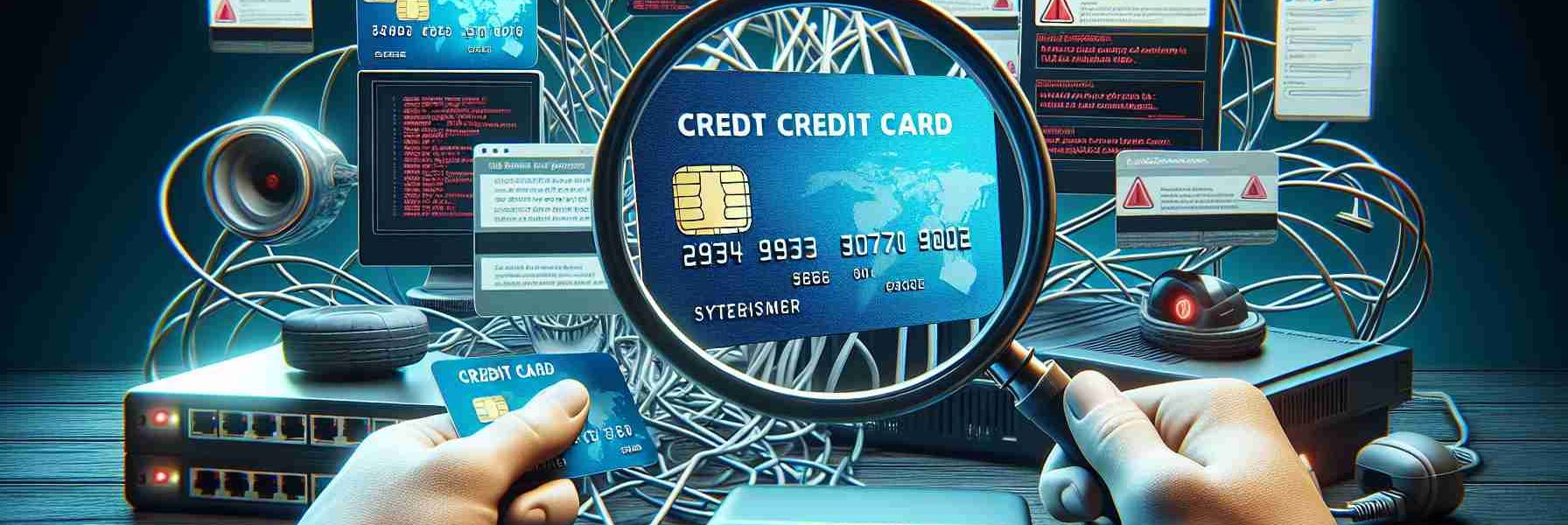 A high-definition, realistic image depicting several issues related to credit card validation. It includes a magnifying glass scrutinizing a credit card, showing common error messages on a digital screen. There should also be a background of tangled network cables to represent technical difficulties. Finally, include distressed anonymous individuals showing frustration while trying to make an online purchase. This image should not include any personal or sensitive information.