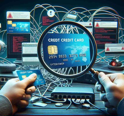 A high-definition, realistic image depicting several issues related to credit card validation. It includes a magnifying glass scrutinizing a credit card, showing common error messages on a digital screen. There should also be a background of tangled network cables to represent technical difficulties. Finally, include distressed anonymous individuals showing frustration while trying to make an online purchase. This image should not include any personal or sensitive information.