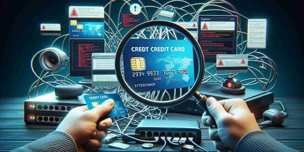 A high-definition, realistic image depicting several issues related to credit card validation. It includes a magnifying glass scrutinizing a credit card, showing common error messages on a digital screen. There should also be a background of tangled network cables to represent technical difficulties. Finally, include distressed anonymous individuals showing frustration while trying to make an online purchase. This image should not include any personal or sensitive information.