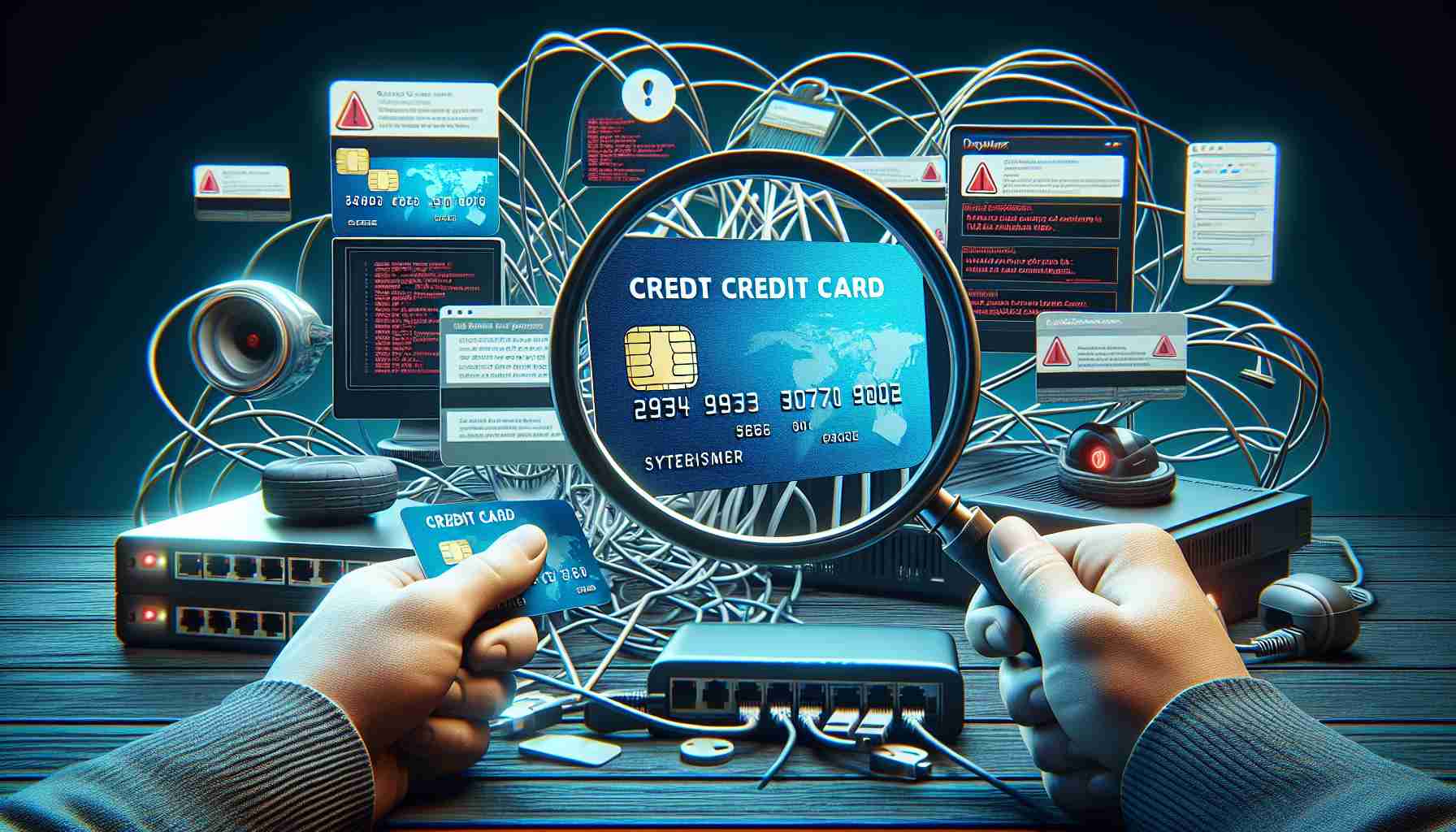 A high-definition, realistic image depicting several issues related to credit card validation. It includes a magnifying glass scrutinizing a credit card, showing common error messages on a digital screen. There should also be a background of tangled network cables to represent technical difficulties. Finally, include distressed anonymous individuals showing frustration while trying to make an online purchase. This image should not include any personal or sensitive information.