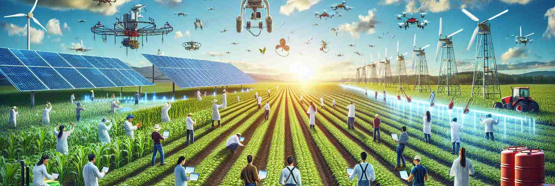 A high-definition, realistic image illustrating the revolution of agricultural monitoring in Oceania. The picture showcases an array of modern, hi-tech equipment being utilized in expansive farm fields under the azure sky. Multi-ethnic farmers from diverse descents - Caucasian, Hispanic, Black, Middle-Eastern, South Asian and White - are actively analyzing crop health using advanced devices. Drones are seen soaring overhead capturing aerial data, while innovative irrigation systems are functioning efficiently. Also visible are renewable energy sources such as solar panels and windmills, symbolizing a harmonious integration of technology and sustainability in agriculture.