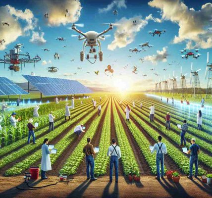 A high-definition, realistic image illustrating the revolution of agricultural monitoring in Oceania. The picture showcases an array of modern, hi-tech equipment being utilized in expansive farm fields under the azure sky. Multi-ethnic farmers from diverse descents - Caucasian, Hispanic, Black, Middle-Eastern, South Asian and White - are actively analyzing crop health using advanced devices. Drones are seen soaring overhead capturing aerial data, while innovative irrigation systems are functioning efficiently. Also visible are renewable energy sources such as solar panels and windmills, symbolizing a harmonious integration of technology and sustainability in agriculture.