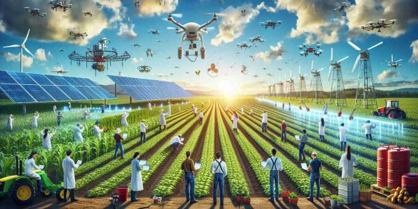 A high-definition, realistic image illustrating the revolution of agricultural monitoring in Oceania. The picture showcases an array of modern, hi-tech equipment being utilized in expansive farm fields under the azure sky. Multi-ethnic farmers from diverse descents - Caucasian, Hispanic, Black, Middle-Eastern, South Asian and White - are actively analyzing crop health using advanced devices. Drones are seen soaring overhead capturing aerial data, while innovative irrigation systems are functioning efficiently. Also visible are renewable energy sources such as solar panels and windmills, symbolizing a harmonious integration of technology and sustainability in agriculture.