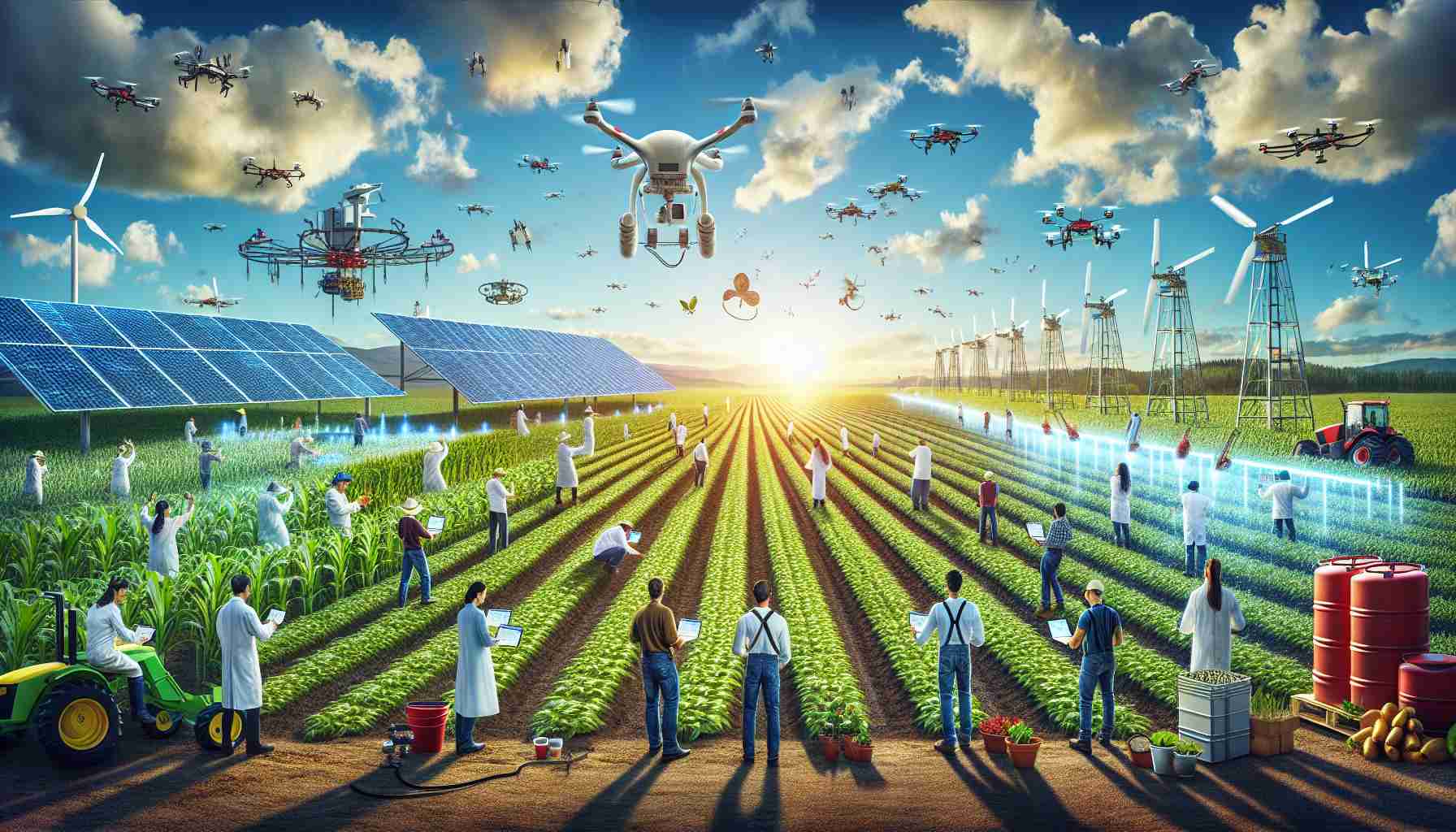 A high-definition, realistic image illustrating the revolution of agricultural monitoring in Oceania. The picture showcases an array of modern, hi-tech equipment being utilized in expansive farm fields under the azure sky. Multi-ethnic farmers from diverse descents - Caucasian, Hispanic, Black, Middle-Eastern, South Asian and White - are actively analyzing crop health using advanced devices. Drones are seen soaring overhead capturing aerial data, while innovative irrigation systems are functioning efficiently. Also visible are renewable energy sources such as solar panels and windmills, symbolizing a harmonious integration of technology and sustainability in agriculture.