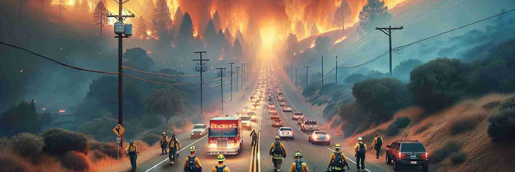 Realistic high-definition image showing a wildfire in California causing evacuations. The heavy smoke is contributing to a critical air quality issue, with the sky turning a bright orange hue. Roads are filled with vehicles of residents attempting to escape the imminent danger. Firefighters, both men and women from different descents like Hispanic, Black, Caucasian, Middle-Eastern, and South Asian, are battling the flames with steadfast determination.