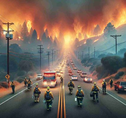 Realistic high-definition image showing a wildfire in California causing evacuations. The heavy smoke is contributing to a critical air quality issue, with the sky turning a bright orange hue. Roads are filled with vehicles of residents attempting to escape the imminent danger. Firefighters, both men and women from different descents like Hispanic, Black, Caucasian, Middle-Eastern, and South Asian, are battling the flames with steadfast determination.