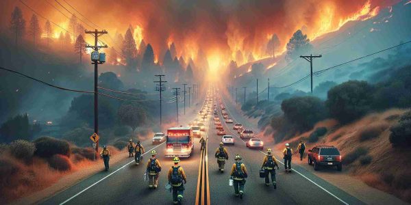 Realistic high-definition image showing a wildfire in California causing evacuations. The heavy smoke is contributing to a critical air quality issue, with the sky turning a bright orange hue. Roads are filled with vehicles of residents attempting to escape the imminent danger. Firefighters, both men and women from different descents like Hispanic, Black, Caucasian, Middle-Eastern, and South Asian, are battling the flames with steadfast determination.