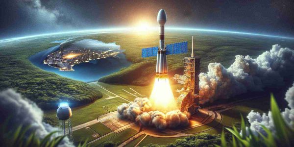 A high-definition, realistic depiction of a cutting-edge satellite being launched, symbolizing enhanced connectivity for remote areas. The satellite is taking off from a picturesque launch site, surrounded by a wide expanse of lush greenery, symbolizing the remoteness of the regions that will be connected. The scene is ablaze with flames from the thruster, lifting the satellite against a crystal-clear blue sky. In the foreground, there's an image of the Earth, marked with dots, representing the remote areas that will be reached by the satellite.