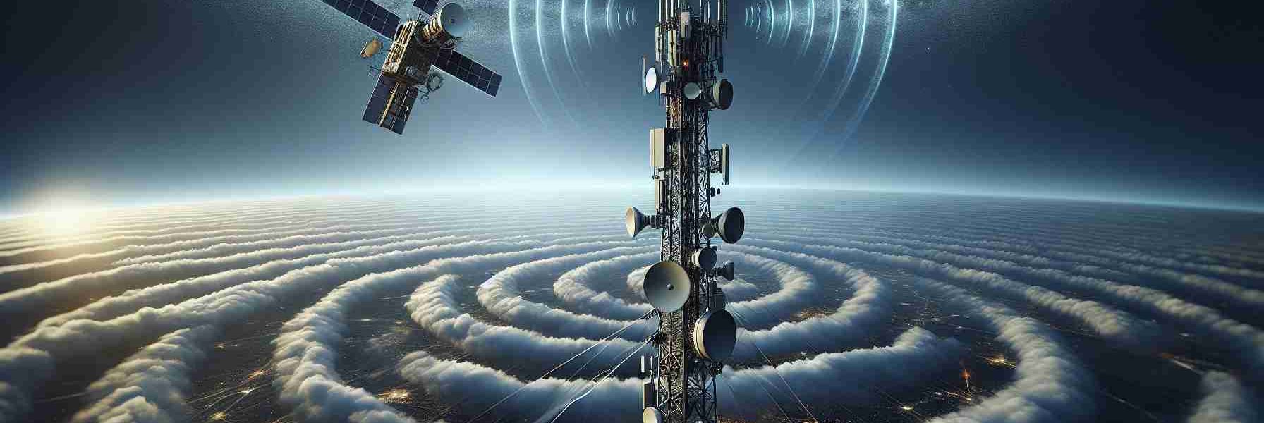 A high-definition, realistic visualization portraying the ambitious 4G expansion of a major telecommunications company. The image will show a prominent tower festooned with modern 4G equipment reaching high into the sky, with signal waves representing the strong network coverage. On the horizon, an advanced satellite orbits peacefully, symbolizing the innovative satellite service and the seamless integration of ground and space-based communication. The scene embodies technological advancement, innovation, and commitment to service improvement.