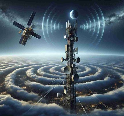 A high-definition, realistic visualization portraying the ambitious 4G expansion of a major telecommunications company. The image will show a prominent tower festooned with modern 4G equipment reaching high into the sky, with signal waves representing the strong network coverage. On the horizon, an advanced satellite orbits peacefully, symbolizing the innovative satellite service and the seamless integration of ground and space-based communication. The scene embodies technological advancement, innovation, and commitment to service improvement.