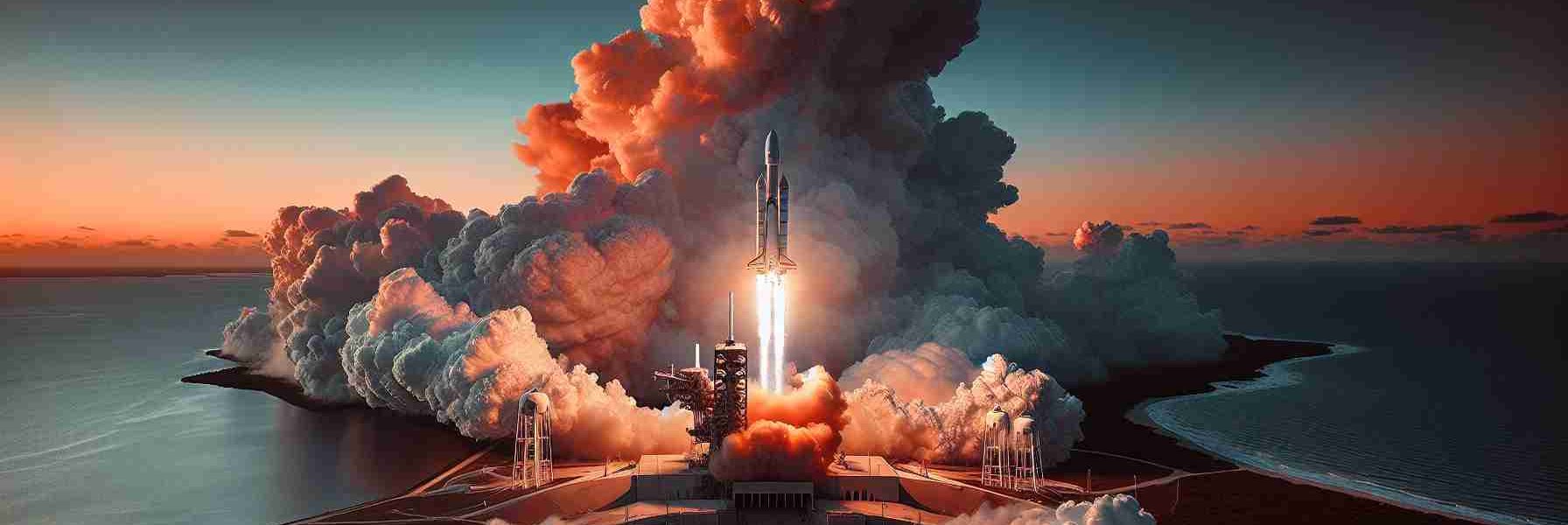 Generate a high-definition, realistic image of a contemporary commercial spacecraft launching from Florida. The launch pad is nestled within an expansive landscape, edged by the ocean's blue waters. Massive plumes of smoke and steam billow upward as the rocket blasts off the platform, piercing through the clear sky. The setting sun paints a stunning palette of oranges, reds, and purples across the horizon, further dramatizing this impressive display of scientific achievement and exploration.