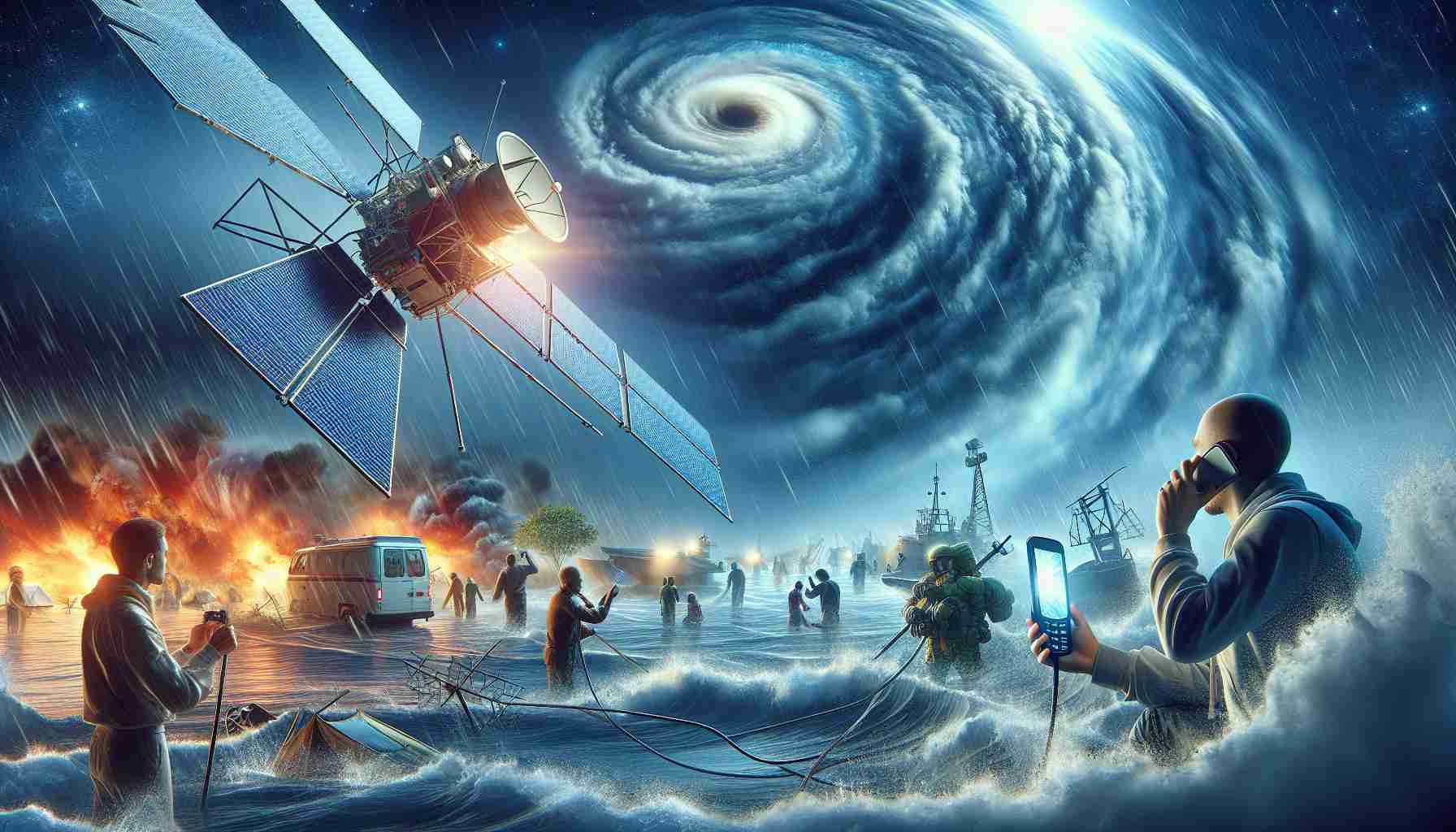 Detailed depiction of satellite SOS services in operation during a crisis. The foreground shows individuals communicating through a satellite phone, surrounded by the chaos of natural calamity like a storm or an earthquake. In the background, a large, futuristic satellite hovers in space, beaming signals down to Earth. Use high-definition detail and realistic design to illustrate this scene.