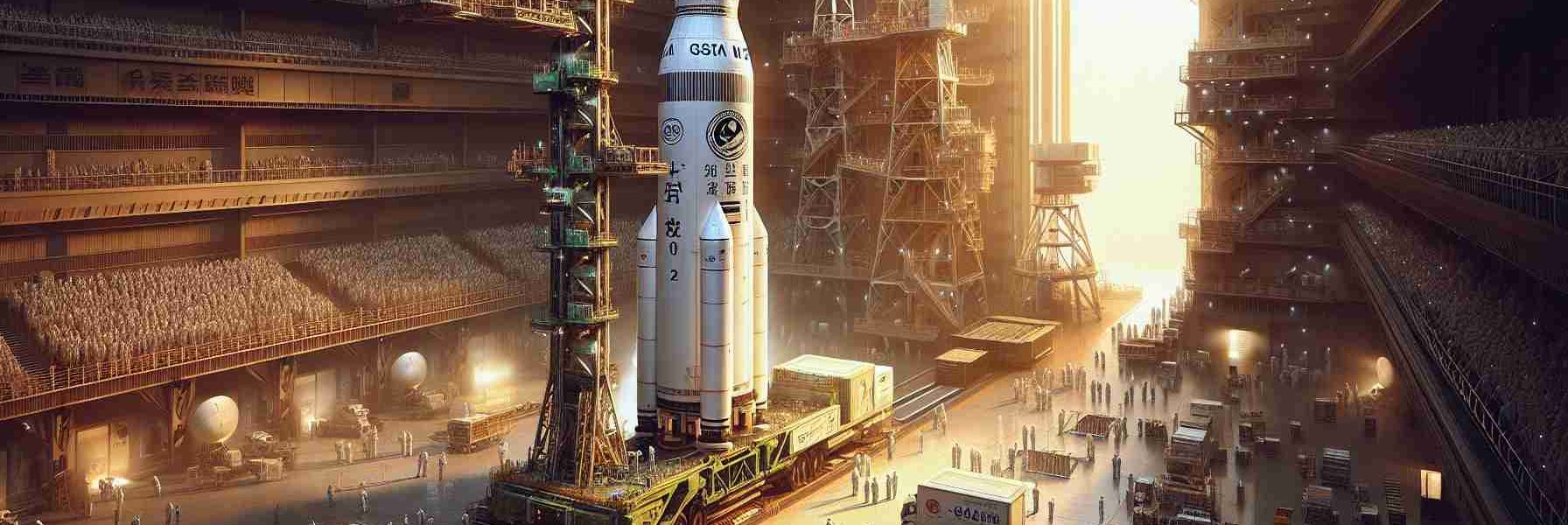 A detailed and realistic high-definition illustration showcasing a historic satellite launch event. The scene depicts a joint effort by two renowned space agencies. A large rocket is on the launchpad, ready for take-off. Emblazoned on its side is the logotype for a project code-named 'GSAT-N2'. The atmosphere is tense and exciting, as engineers and scientists hustle about, readying the vehicle for the imminent launch. Array of equipment can be seen around the launch site highlighting its advanced technological platform from the preparation till the launch process.