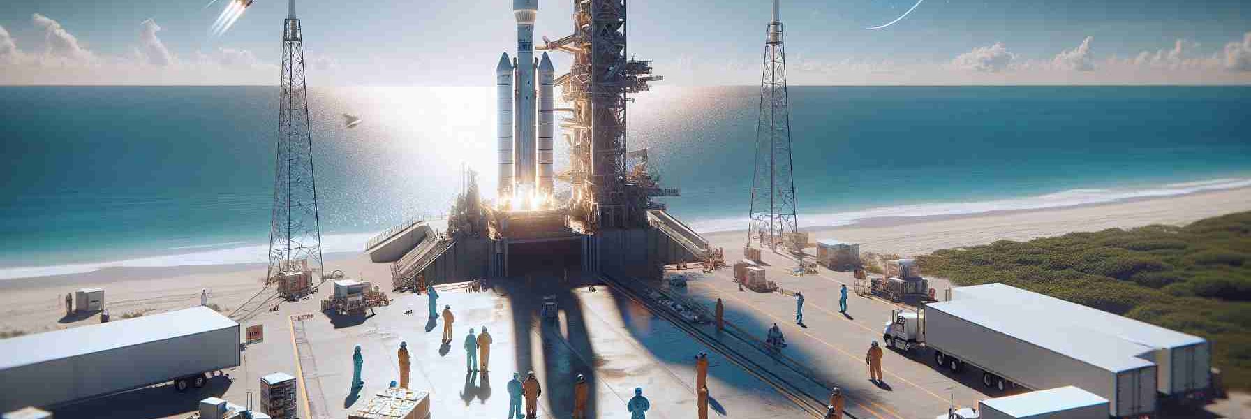 Generate a highly detailed and realistic image of a private spacecraft launch company preparing for another satellite launch on the coast of a region resembling Florida. The scene displays a gleaming rocket standing tall against the bright midday sky on a launchpad located near the beach. Support crews, a blend of Hispanic and Caucasian men and women wearing safety gear, are present around the launchpad checking last-minute details. The ocean is visible in the background, its shimmering surface reflecting sunlight.