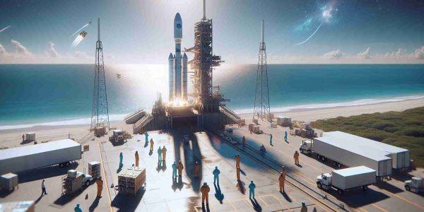 Generate a highly detailed and realistic image of a private spacecraft launch company preparing for another satellite launch on the coast of a region resembling Florida. The scene displays a gleaming rocket standing tall against the bright midday sky on a launchpad located near the beach. Support crews, a blend of Hispanic and Caucasian men and women wearing safety gear, are present around the launchpad checking last-minute details. The ocean is visible in the background, its shimmering surface reflecting sunlight.