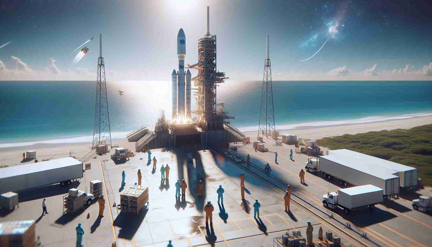 Generate a highly detailed and realistic image of a private spacecraft launch company preparing for another satellite launch on the coast of a region resembling Florida. The scene displays a gleaming rocket standing tall against the bright midday sky on a launchpad located near the beach. Support crews, a blend of Hispanic and Caucasian men and women wearing safety gear, are present around the launchpad checking last-minute details. The ocean is visible in the background, its shimmering surface reflecting sunlight.