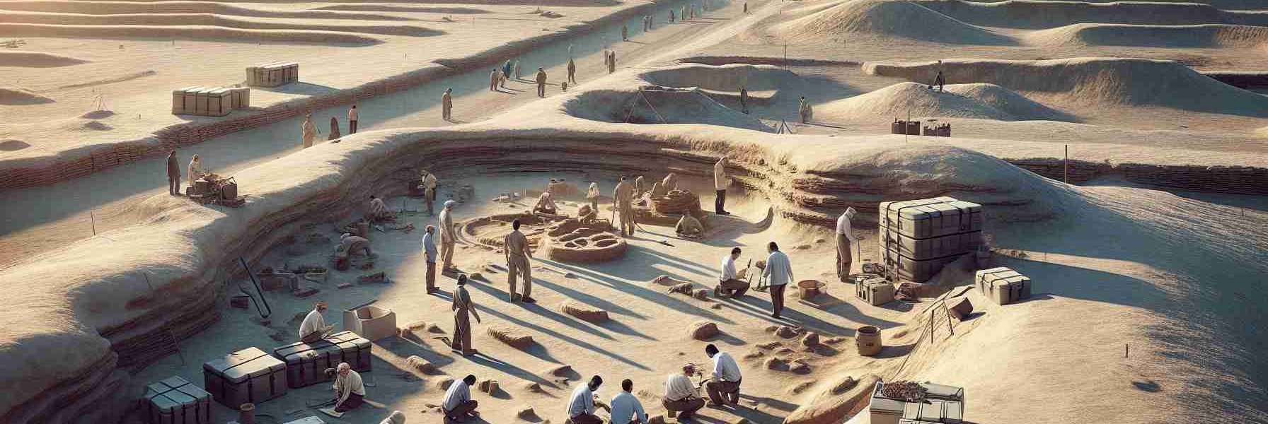 A high-definition, realistic image of an intriguing historic battlefield discovery located in Iraq. The setting depicts diverse archaeological equipment carefully arranged around semi-buried artifacts, amidst uneven terrain that retains distinct impressions of the ancient wartime activity. The environment is defined by a clear, sunlit sky casting long shadows over the sandy landscape. A group of archaeologists – a mix of men and women, of Black, Hispanic, White and Middle Eastern descent – can be seen in the background, deeply engaged in the preliminaries of the excavation.