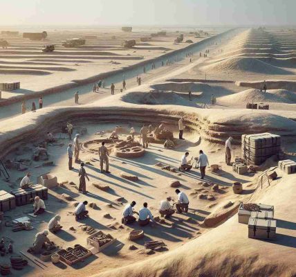 A high-definition, realistic image of an intriguing historic battlefield discovery located in Iraq. The setting depicts diverse archaeological equipment carefully arranged around semi-buried artifacts, amidst uneven terrain that retains distinct impressions of the ancient wartime activity. The environment is defined by a clear, sunlit sky casting long shadows over the sandy landscape. A group of archaeologists – a mix of men and women, of Black, Hispanic, White and Middle Eastern descent – can be seen in the background, deeply engaged in the preliminaries of the excavation.