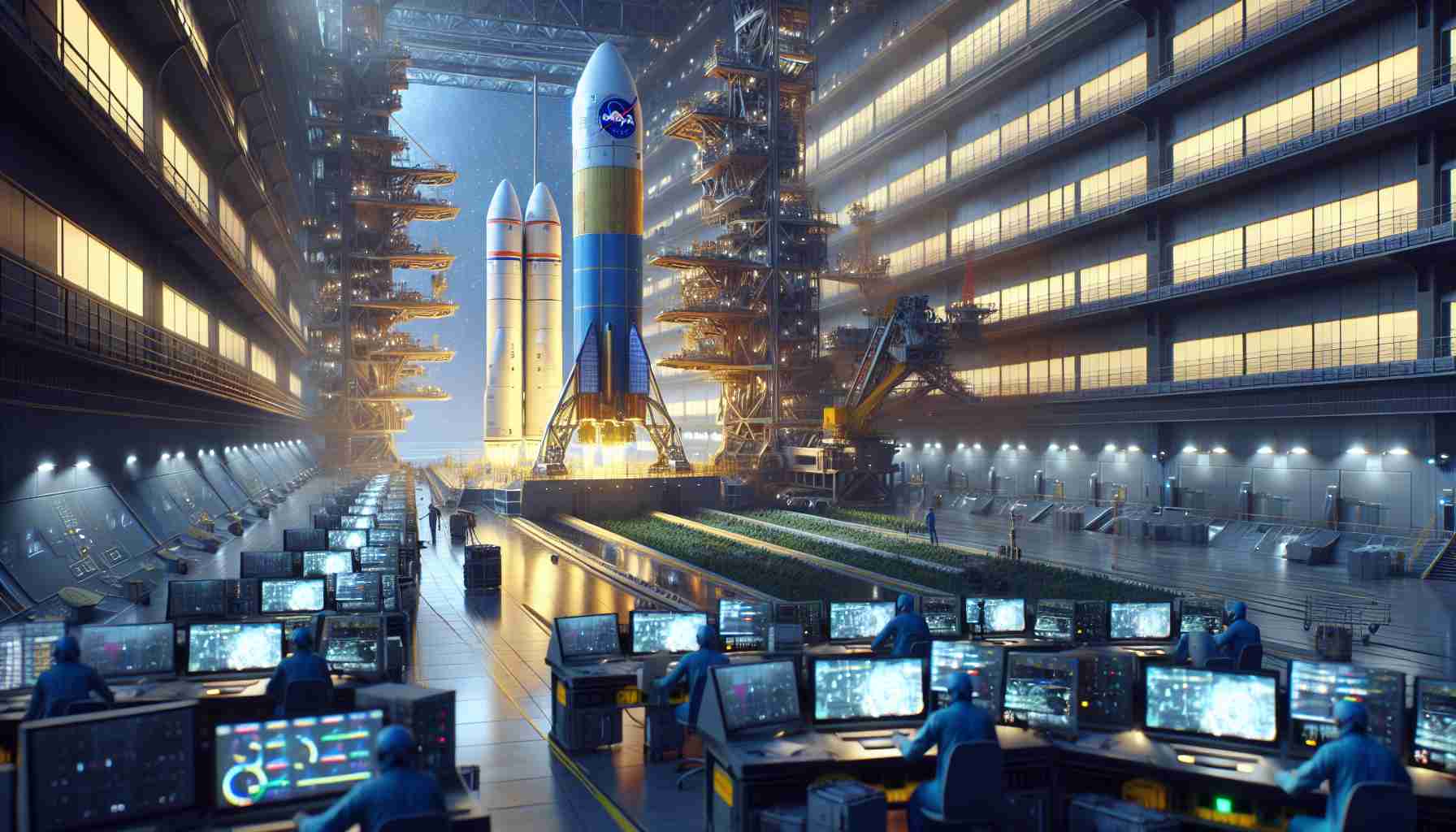 High-definition, realistic depiction of a new generation satellite, characterized by cutting-edge technology, being prepared for launch. The scene is positioned at a modern spaceport, with the intricate details of the launch pad and the looming rocket visible. Both the satellite and the rocket carry the vivid colours and insignia of a generic space company. Amidst a perfect blend of anticipation and tranquillity, ground crew, a diverse mix of men and women from different descents, monitor data and perform last-minute checks.