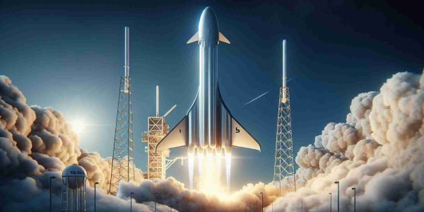 Create a realistic, high-definition image of an upcoming SpaceX Starship test flight. The spacecraft is in the process of launching, showcasing new innovative designs. Include the sight of the launch pad, billowing smoke beneath the spacecraft, and a blue sky above. The Starship's sharp lines and futuristic design should be clearly visible, further emphasizing the groundbreaking technology used in its construction.