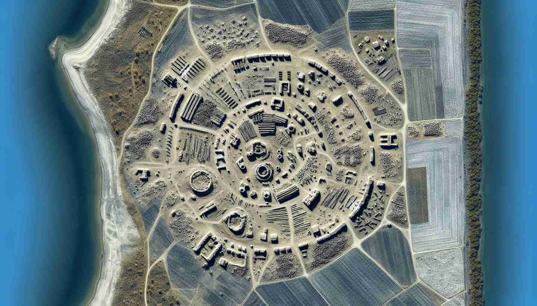 Generate a highly detailed and realistic image of ancient battle site as observed from above. The scene should convey the extent of the archaeological site with remnants of possibly old fortifications, weapon fragments, and crude encampments. This site is revealed through the use of satellite technology, demonstrating the fusion of ancient history and modern satellite imagery.