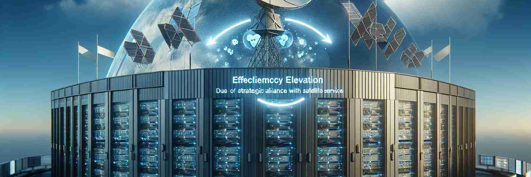 Generate a realistic, high definition image representing the efficiency elevation in a data center due to the strategic alliance with satellite services. The image should include various high-tech data servers with lights and cables, a control room with monitors displaying various kinds of data, and a satellite dish on top of the building against a clear blue sky, symbolizing the satellite service. Additionally, visualize the concept of 'strategic alliance' as a bridge or connection between the data center and the satellite.