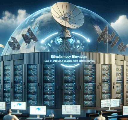 Generate a realistic, high definition image representing the efficiency elevation in a data center due to the strategic alliance with satellite services. The image should include various high-tech data servers with lights and cables, a control room with monitors displaying various kinds of data, and a satellite dish on top of the building against a clear blue sky, symbolizing the satellite service. Additionally, visualize the concept of 'strategic alliance' as a bridge or connection between the data center and the satellite.