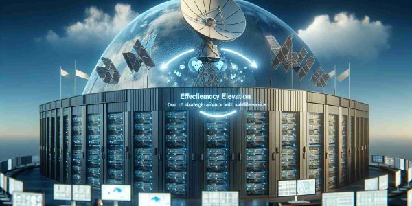 Generate a realistic, high definition image representing the efficiency elevation in a data center due to the strategic alliance with satellite services. The image should include various high-tech data servers with lights and cables, a control room with monitors displaying various kinds of data, and a satellite dish on top of the building against a clear blue sky, symbolizing the satellite service. Additionally, visualize the concept of 'strategic alliance' as a bridge or connection between the data center and the satellite.