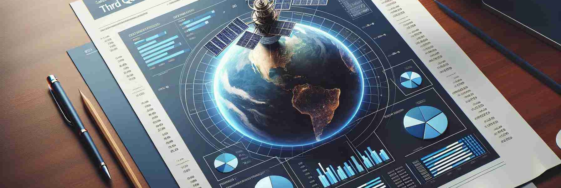 Generate a realistic high definition image of a business report laid out on a desk. The report is labeled 'Third Quarter Financials' and has the logo of a fictional satellite communications company at the top. The logo consists of a satellite in orbit over the Earth. There are multiple pie charts, bar graphs, and lines of text indicating financial data within the report.