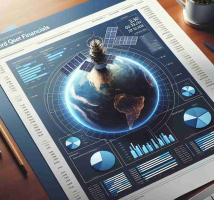 Generate a realistic high definition image of a business report laid out on a desk. The report is labeled 'Third Quarter Financials' and has the logo of a fictional satellite communications company at the top. The logo consists of a satellite in orbit over the Earth. There are multiple pie charts, bar graphs, and lines of text indicating financial data within the report.