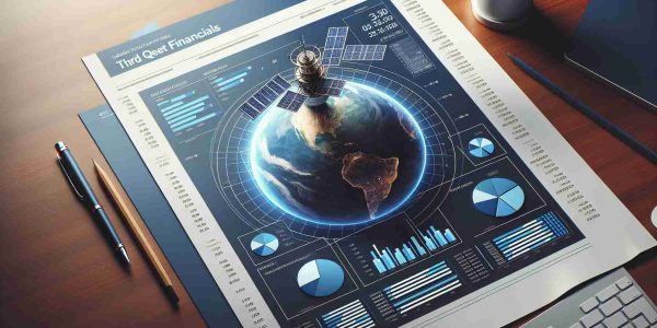 Generate a realistic high definition image of a business report laid out on a desk. The report is labeled 'Third Quarter Financials' and has the logo of a fictional satellite communications company at the top. The logo consists of a satellite in orbit over the Earth. There are multiple pie charts, bar graphs, and lines of text indicating financial data within the report.