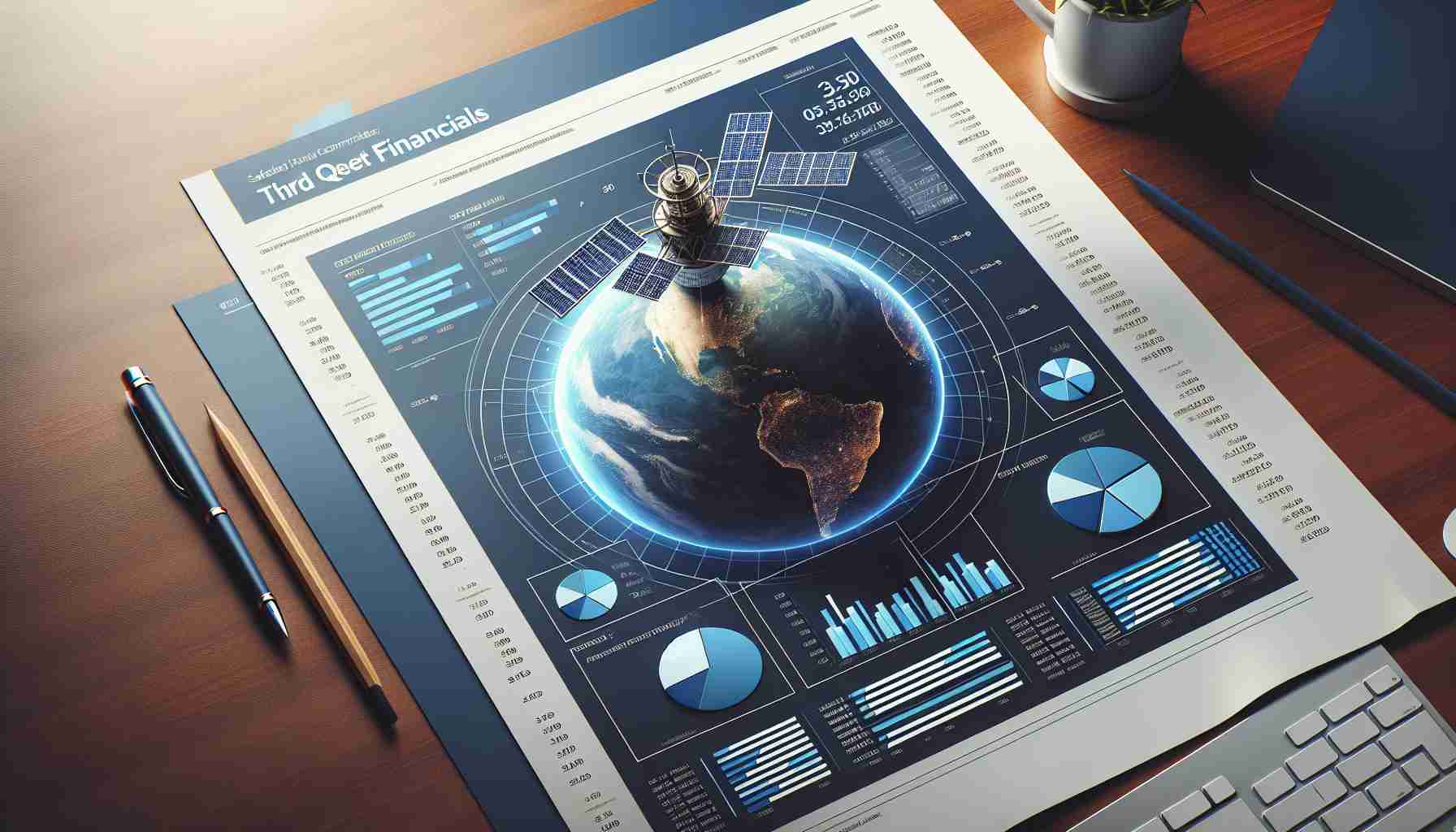 Generate a realistic high definition image of a business report laid out on a desk. The report is labeled 'Third Quarter Financials' and has the logo of a fictional satellite communications company at the top. The logo consists of a satellite in orbit over the Earth. There are multiple pie charts, bar graphs, and lines of text indicating financial data within the report.