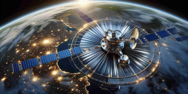 High-definition realistic rendition of a future conceptual design that showcases enhanced speed capabilities for a generic satellite internet system, orbiting around Earth in the vast expanse of space.