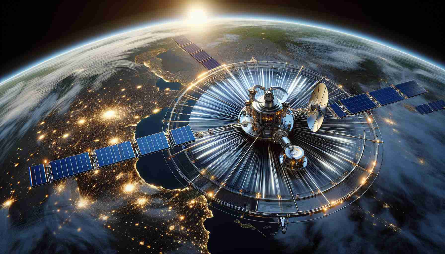 High-definition realistic rendition of a future conceptual design that showcases enhanced speed capabilities for a generic satellite internet system, orbiting around Earth in the vast expanse of space.