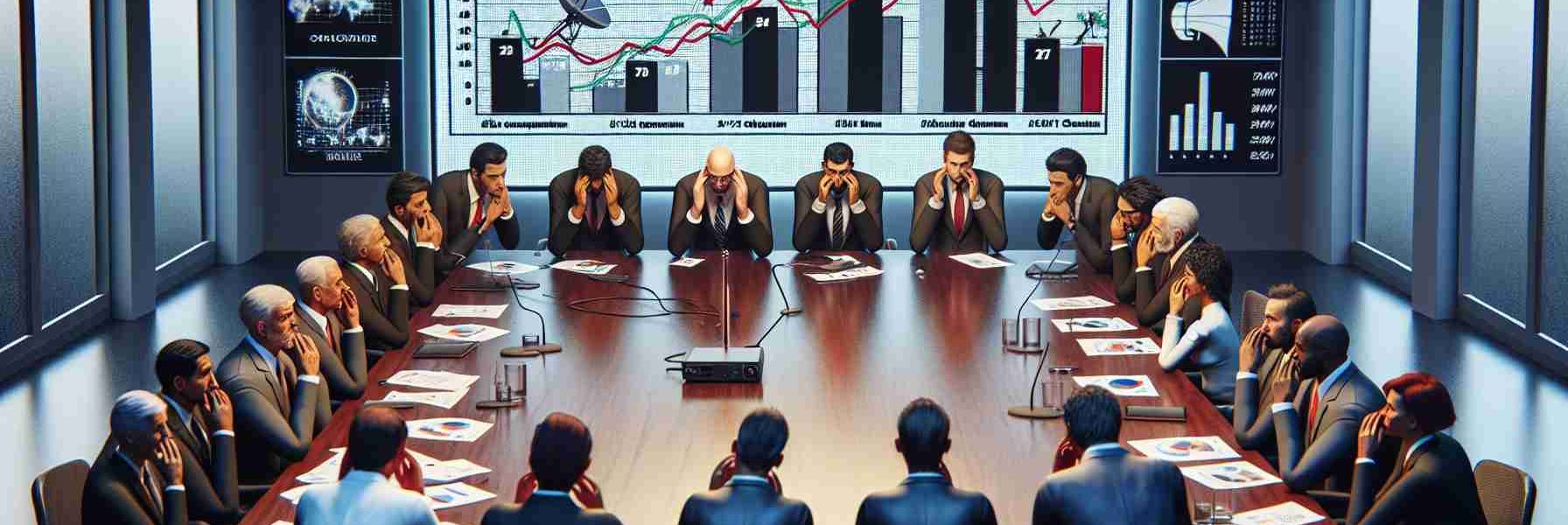 A high-definition, realistic depiction of telecom companies showing their concerns about rising satellite competition in India. The scene might include a group of executives, various ethnicities and genders included, representing different telecommunications companies sitting around a conference table, discussing strategies. Graphs and charts depicting satellite competition are displayed on a projector screen. Perturbed expressions are visible on their faces as they engage in serious discussion. The overall vibe should convey concern and urgency.