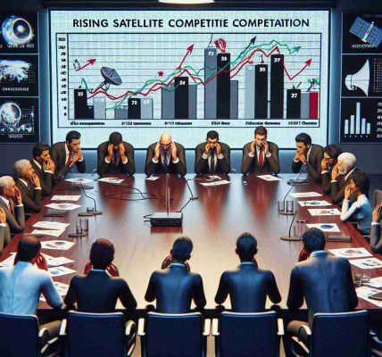 A high-definition, realistic depiction of telecom companies showing their concerns about rising satellite competition in India. The scene might include a group of executives, various ethnicities and genders included, representing different telecommunications companies sitting around a conference table, discussing strategies. Graphs and charts depicting satellite competition are displayed on a projector screen. Perturbed expressions are visible on their faces as they engage in serious discussion. The overall vibe should convey concern and urgency.