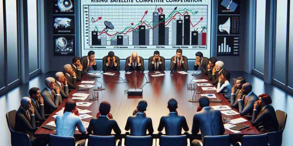 A high-definition, realistic depiction of telecom companies showing their concerns about rising satellite competition in India. The scene might include a group of executives, various ethnicities and genders included, representing different telecommunications companies sitting around a conference table, discussing strategies. Graphs and charts depicting satellite competition are displayed on a projector screen. Perturbed expressions are visible on their faces as they engage in serious discussion. The overall vibe should convey concern and urgency.