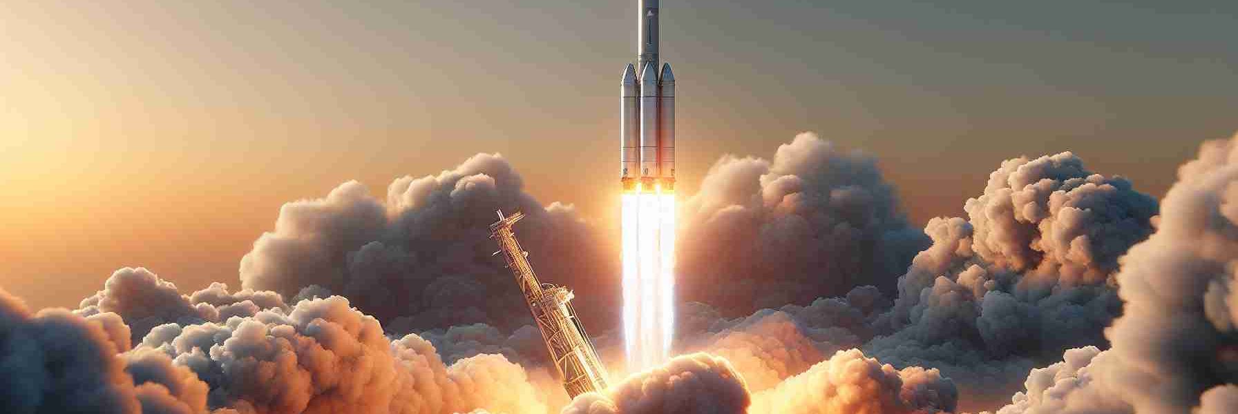 High-definition realistic image of a successful launch of a large two-stage spacecraft, markedly similar to the well-known commercial rockets designed to enhance mobile connectivity. The scene captures the trail of fire and smoke as the rocket ascends against the clear sky, ideally during sunset. Close-up details of the combustion and the vehicle's sleek design are predominant.