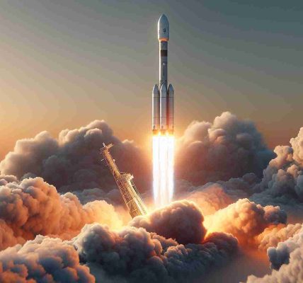 High-definition realistic image of a successful launch of a large two-stage spacecraft, markedly similar to the well-known commercial rockets designed to enhance mobile connectivity. The scene captures the trail of fire and smoke as the rocket ascends against the clear sky, ideally during sunset. Close-up details of the combustion and the vehicle's sleek design are predominant.