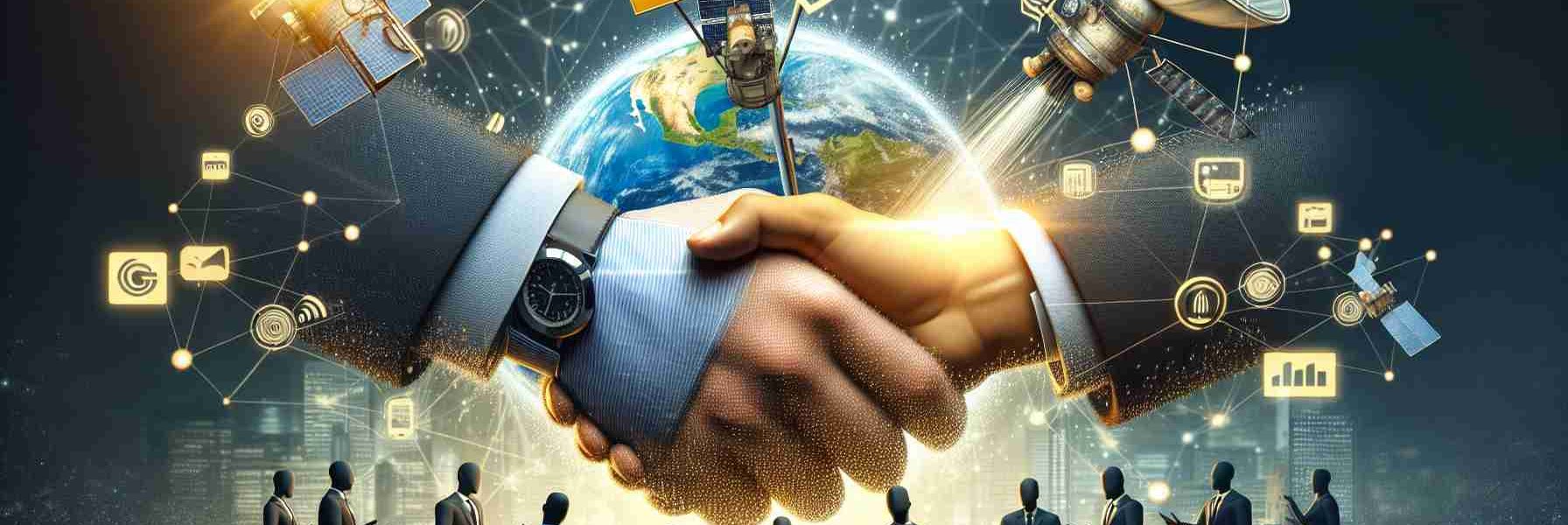 A high-definition, realistic image that represents the concept of MTN Group pursuing collaborations with satellite internet companies. Illustrate an abstract scene with corporate handshake between two entities, one symbolizing MTN Group and the other representing satellite internet firms. Include elements such as satellites orbiting Earth, communication signals, and corporate logos in the background to convey the theme.