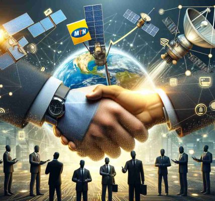 A high-definition, realistic image that represents the concept of MTN Group pursuing collaborations with satellite internet companies. Illustrate an abstract scene with corporate handshake between two entities, one symbolizing MTN Group and the other representing satellite internet firms. Include elements such as satellites orbiting Earth, communication signals, and corporate logos in the background to convey the theme.