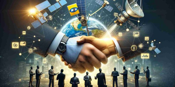 A high-definition, realistic image that represents the concept of MTN Group pursuing collaborations with satellite internet companies. Illustrate an abstract scene with corporate handshake between two entities, one symbolizing MTN Group and the other representing satellite internet firms. Include elements such as satellites orbiting Earth, communication signals, and corporate logos in the background to convey the theme.