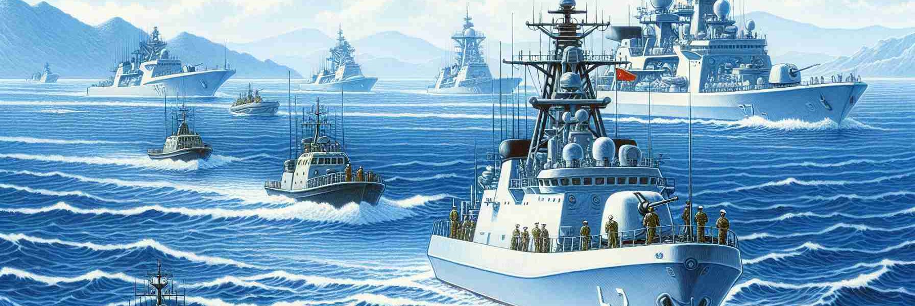 Illustration of a Chinese naval scene, focusing on the operation of various types of warships and naval technology in the South China Sea. The vessels should be modern and clearly exhibit signs of active duty, perhaps engaging in exercises or patrol routes. The surrounding water should be vast and deep blue, reflective of the expanse of the South China Sea. Ensure the image is realistic and in high definition, capturing the tense atmosphere of ongoing naval operations.