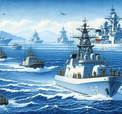 Illustration of a Chinese naval scene, focusing on the operation of various types of warships and naval technology in the South China Sea. The vessels should be modern and clearly exhibit signs of active duty, perhaps engaging in exercises or patrol routes. The surrounding water should be vast and deep blue, reflective of the expanse of the South China Sea. Ensure the image is realistic and in high definition, capturing the tense atmosphere of ongoing naval operations.