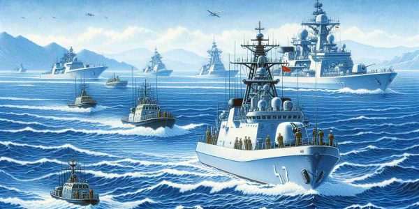 Illustration of a Chinese naval scene, focusing on the operation of various types of warships and naval technology in the South China Sea. The vessels should be modern and clearly exhibit signs of active duty, perhaps engaging in exercises or patrol routes. The surrounding water should be vast and deep blue, reflective of the expanse of the South China Sea. Ensure the image is realistic and in high definition, capturing the tense atmosphere of ongoing naval operations.